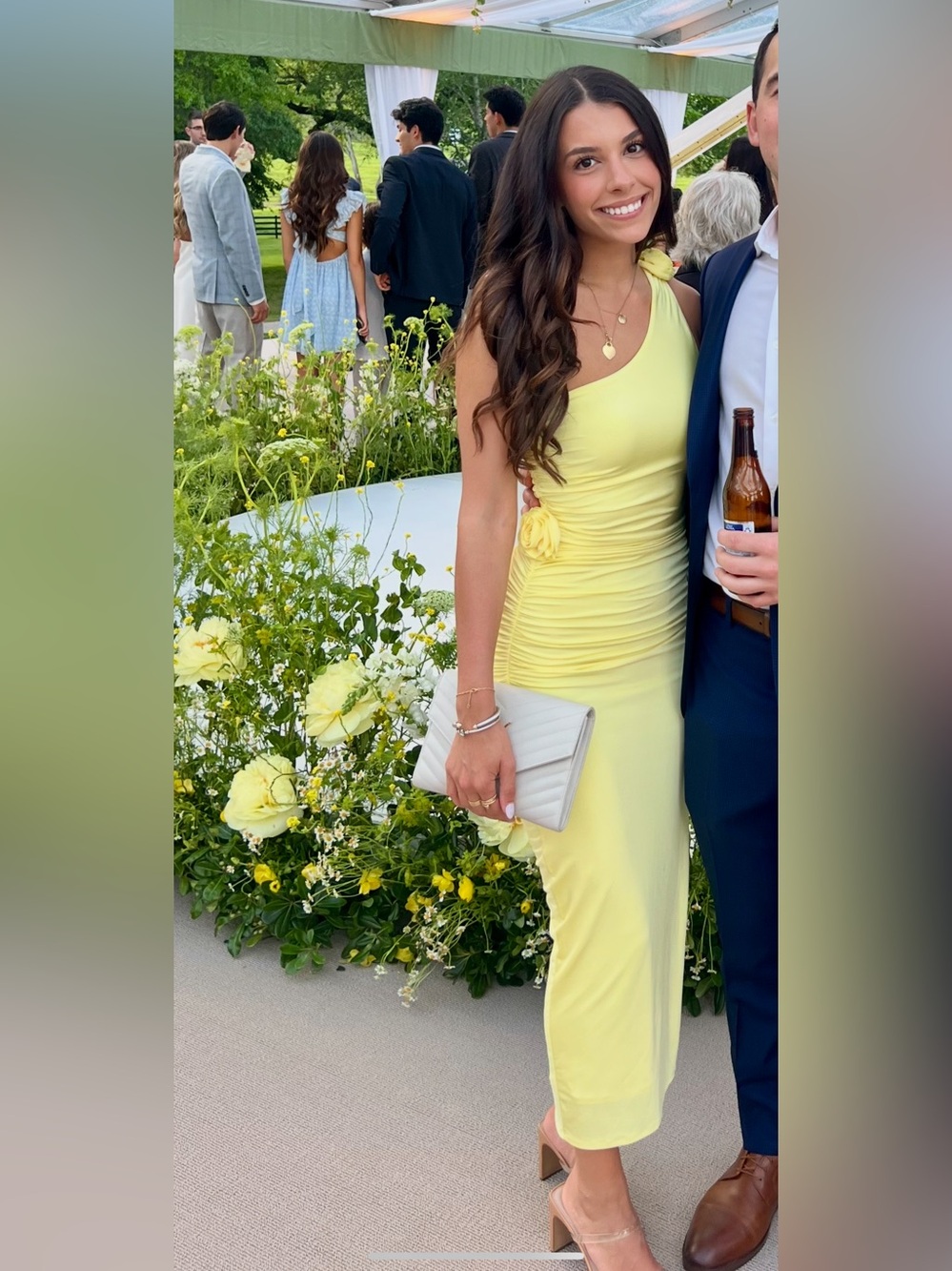 One-Shoulder Yellow Ruched Midi Dress with Floral Accent